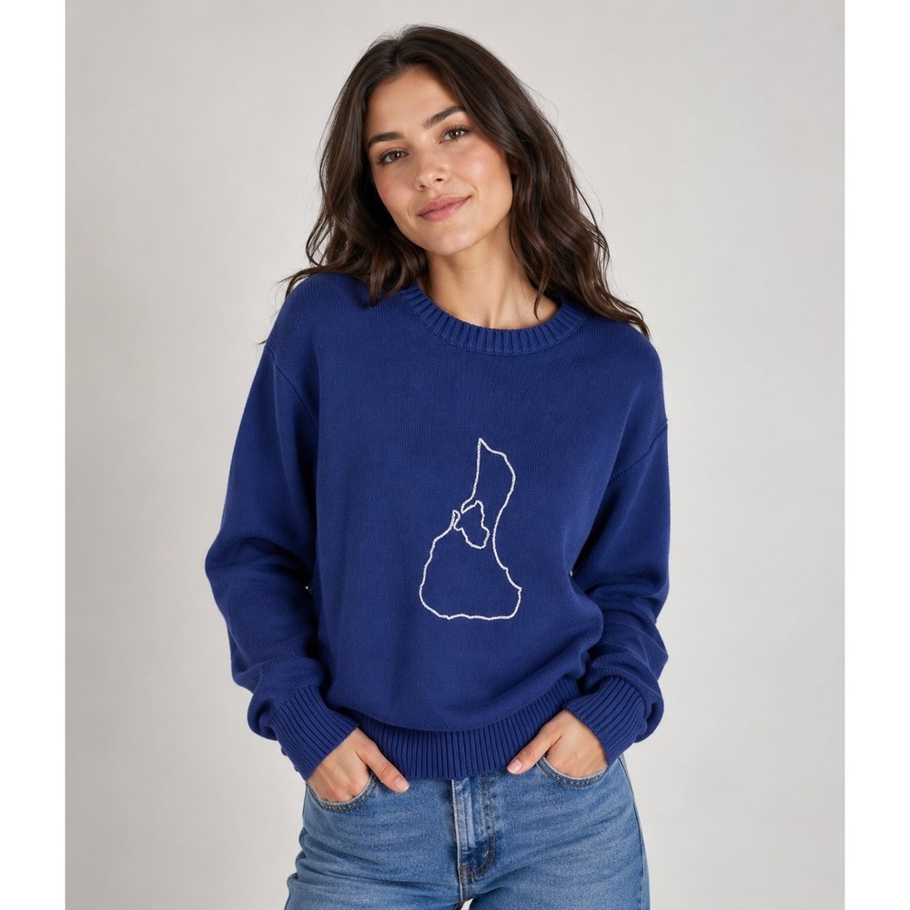 Ellsworth + Ivey Navy Blue Sweater Block Island Embroidery Crew Neck Women's L